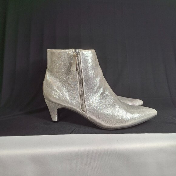 Silver Kitten Heel Pointed Toe Ankle Boot Bootie Metallic Glitter Sz 8 Zipper - Picture 10 of 14